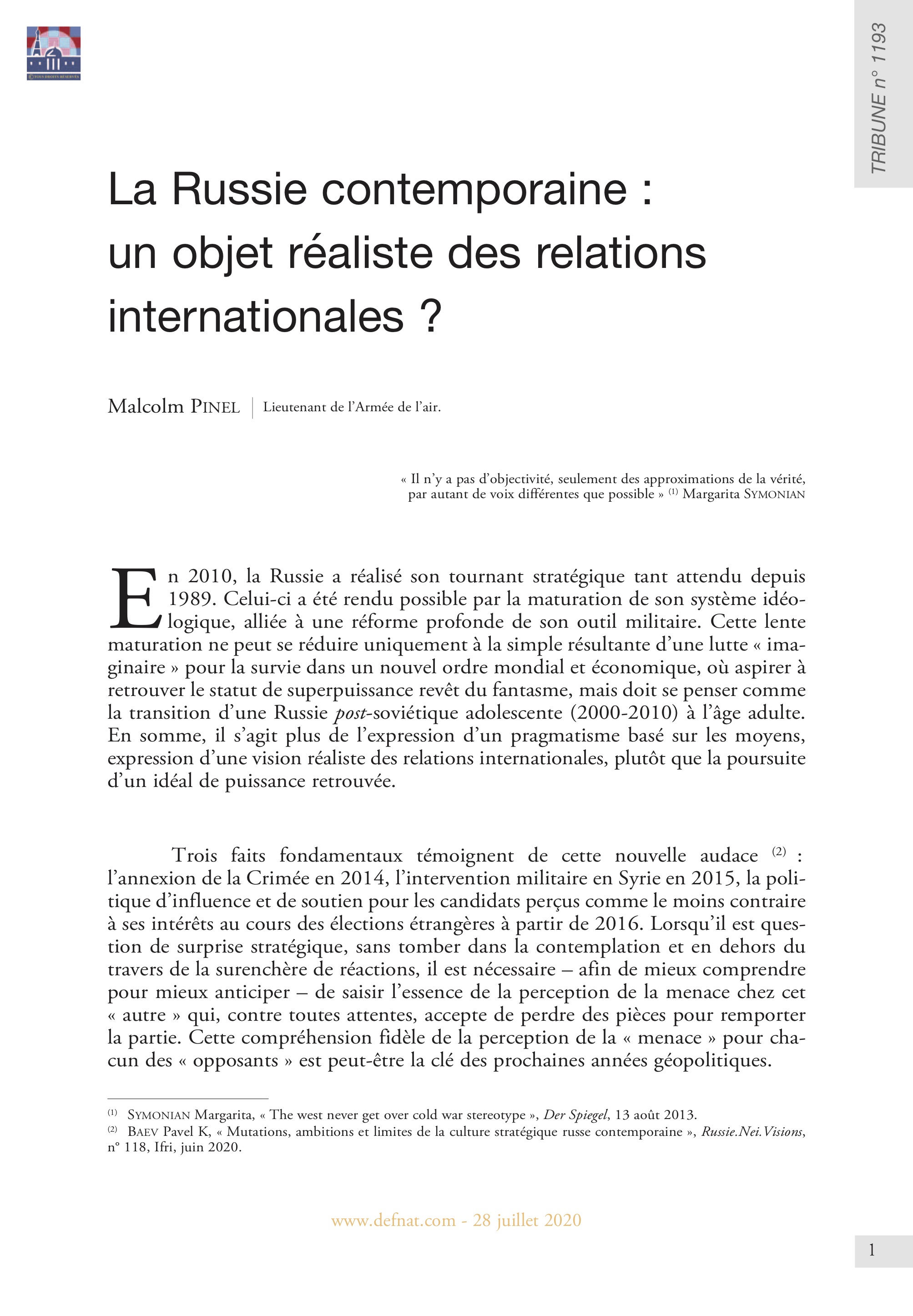 La Russie contemporaine : un objet réaliste des relations internationales ? (T 1193)
